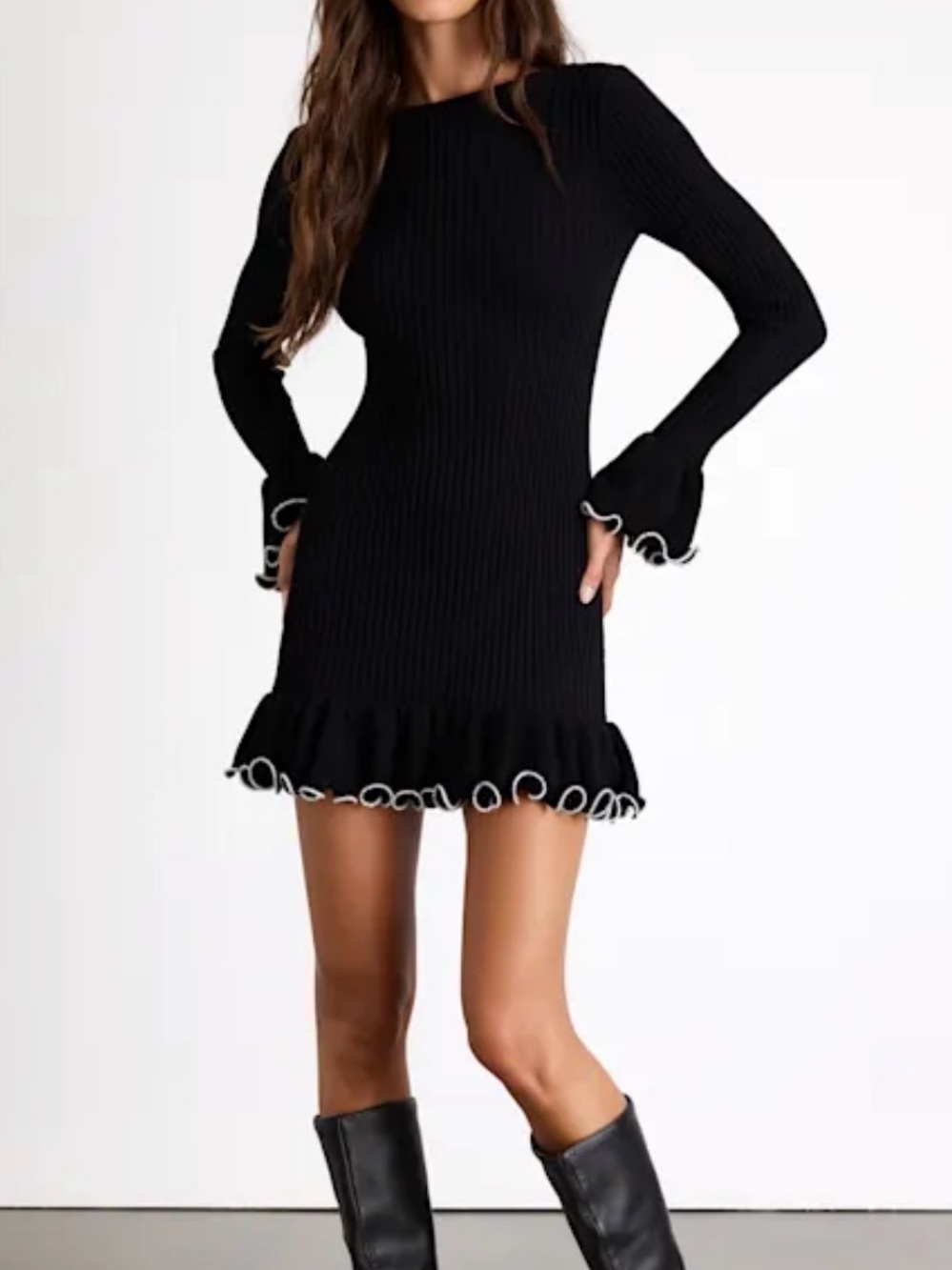 Ribbed Ruffle Trim Dress